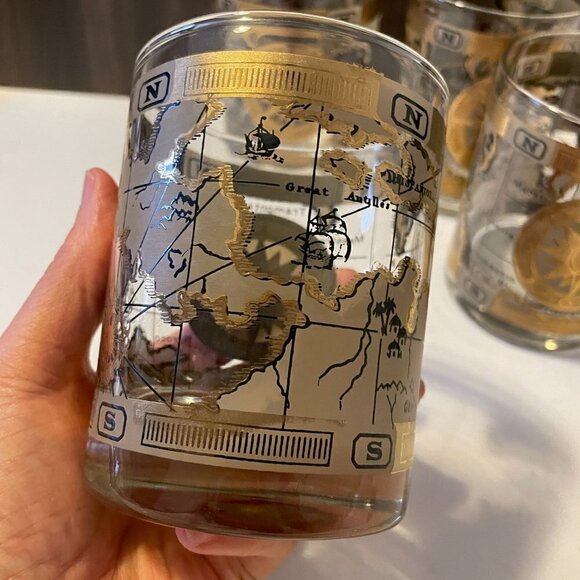 VTG Mid-Century Cera 22K Gold World Atlas Maps Double Old Fashioned Glasses (4) - Picture 6 of 9